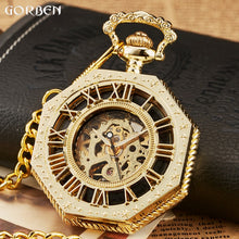 Load image into Gallery viewer, Luxury Unique Hexagonal Roman Number Pocket Watch with FOB Chain Steampunk Full Steel Mechanical Hand-winding Gold Pocket Watch