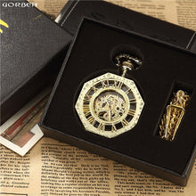 Load image into Gallery viewer, Luxury Unique Hexagonal Roman Number Pocket Watch with FOB Chain Steampunk Full Steel Mechanical Hand-winding Gold Pocket Watch