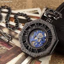 Load image into Gallery viewer, Luxury Unique Hexagonal Roman Number Pocket Watch with FOB Chain Steampunk Full Steel Mechanical Hand-winding Gold Pocket Watch