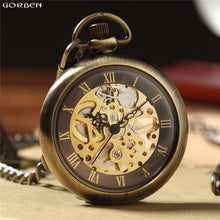 Load image into Gallery viewer, New Hot Sale Retro Bronze Roman Numbers Mechanical Pocket Watch for Men Women with FOB Chain Skeleton Hand-winding Pocket Watch
