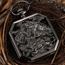 Load image into Gallery viewer, Black Hollow Chinese Mascot Lion Hand Wind Mechanical Pocket Watch Men Retro Skeleton Fob Chain Watch Steampunk Clock Gift Box