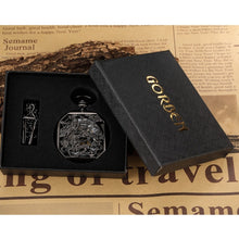 Load image into Gallery viewer, Black Hollow Chinese Mascot Lion Hand Wind Mechanical Pocket Watch Men Retro Skeleton Fob Chain Watch Steampunk Clock Gift Box